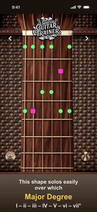 Chord-degree training inside Sisco's Guitar Trainer showing the relationship between chord and scale