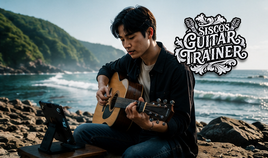 A guitarist taking online guitar lessons on iPhone in a relaxed home setting