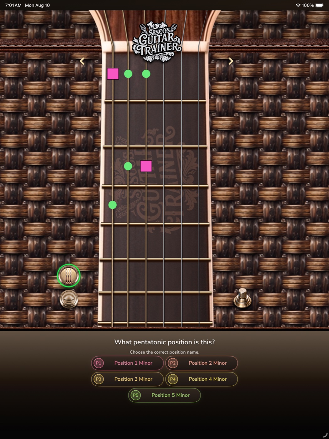 Pentatonic position quiz in Guitar Trainer on iPad