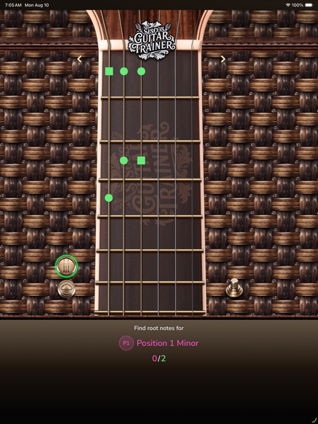 Root note training on an iPad guitar fretboard