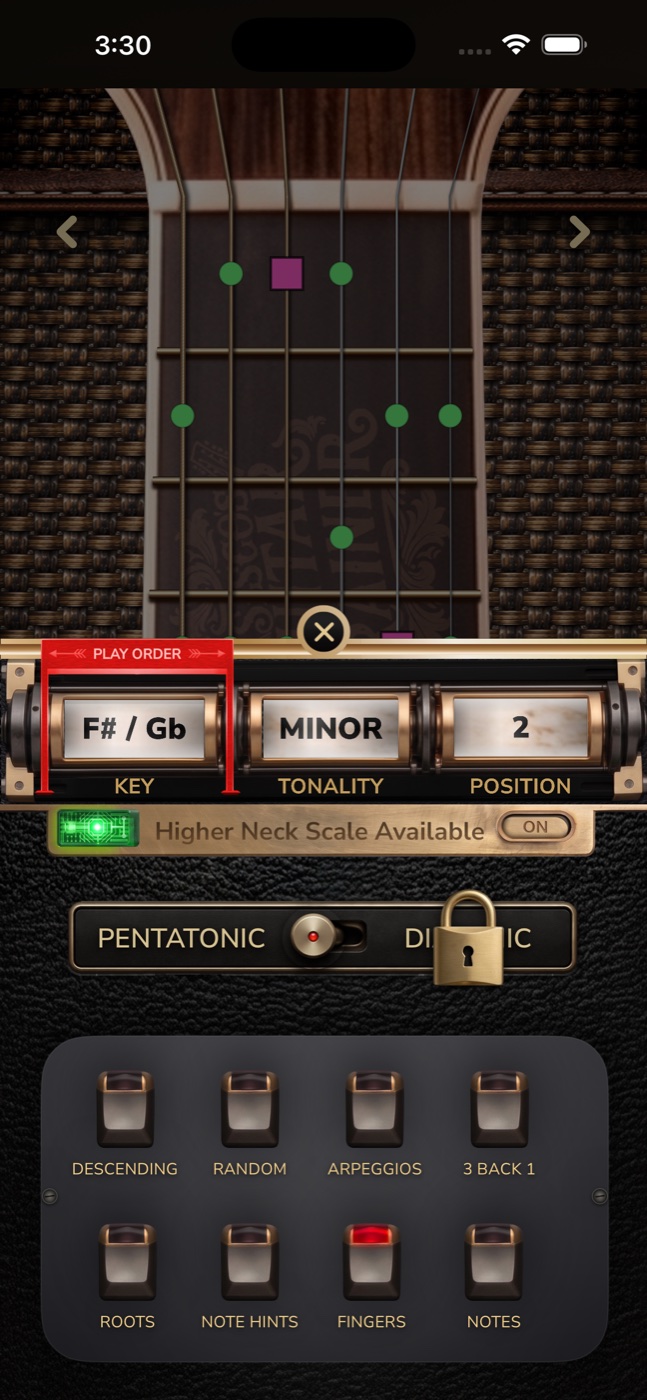 Expanded guitar scale practice controls on iPhone