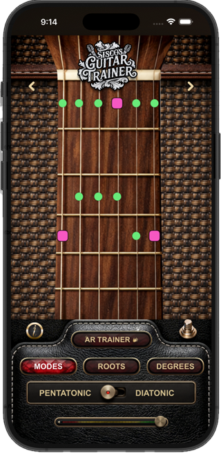A guitar lesson running live on iPhone with the scale pattern visible on the fretboard
